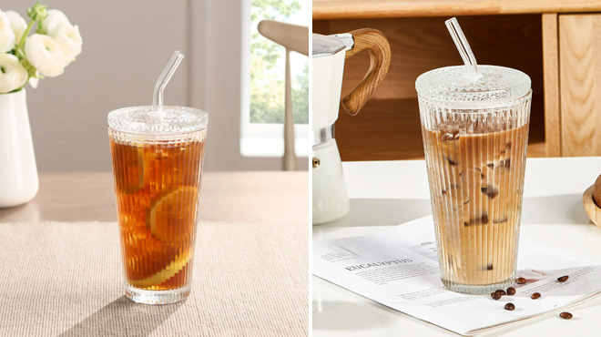 Ribbed Glass Tumbler With Lid And Straw