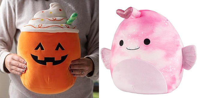 Squishmallows 10 Inch Lester The Pumpkin Latte and Squishmallows Original 10 Inch Sy The Anglerfish