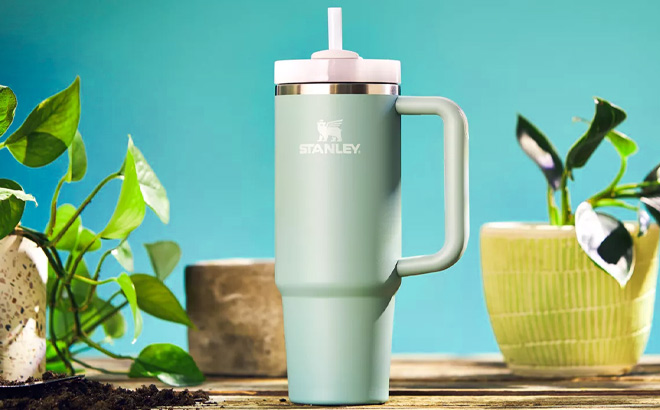 Stanley The Quencher Flowstate Tumbler in Seafoam Color on the Table