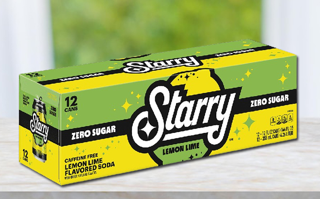 Starry Soda 12 pack on a Table