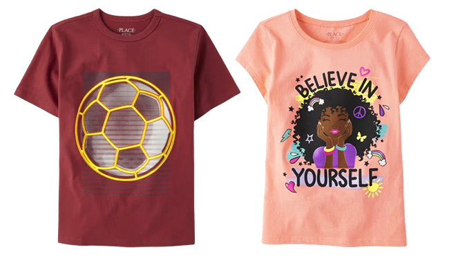 The Children's Place Boys Soccer Graphic Tee and Girls Believe In Yourself Graphic Tee