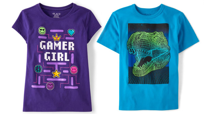 The Childrens Place Girls Gamer Girl Graphic Tee and Dino Tee