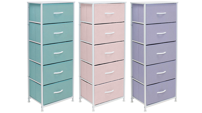 Three Sorbus 5 Drawer Tall Dressers in Aqua Pink and Purple Color