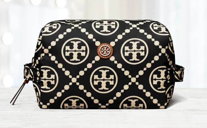 Tory Burch Large Virginia Printed Cosmetic Case in Black Color