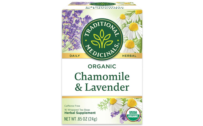 Traditional Medicinals Organic Chamomile Lavender Tea on a Plain Background