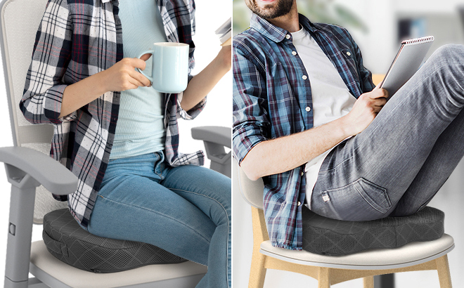 Two People Sitting on Chairs While Using the Memory Foam Seat Cushion