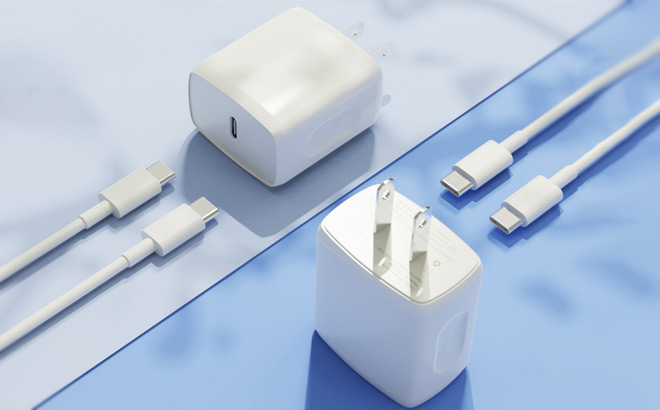 USB C Charger 2 Pack on the Blue Table