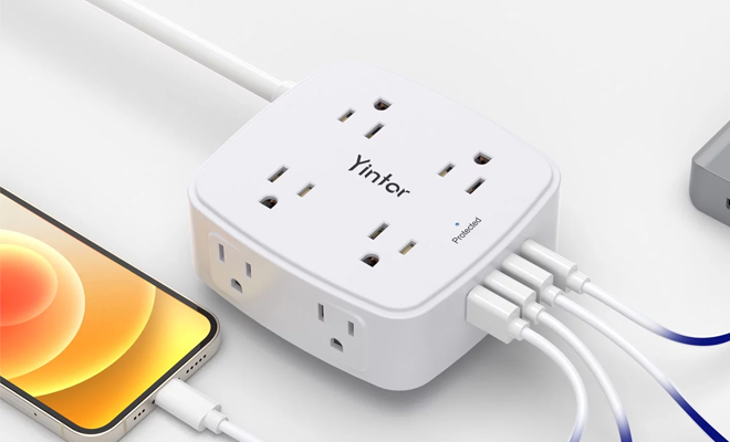 USB Surge Protector Power Strip Extension Cord with 8 Outlets 4 USB Ports and 3 Side Outlet Extenders