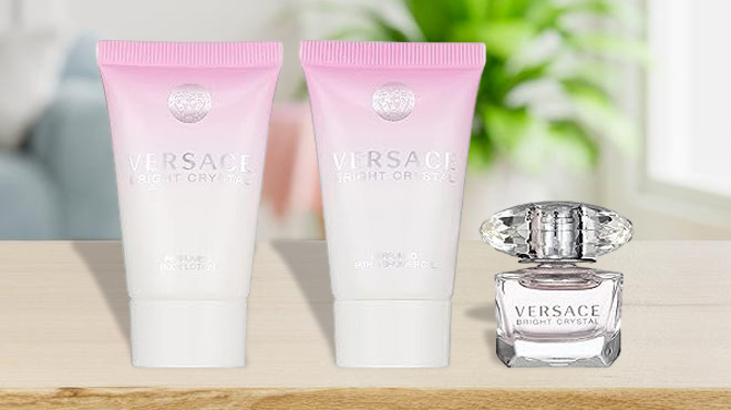 Versace Bright 3 Piece Mini Crystal Gift Set on a Table