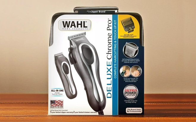 Wahl Deluxe Chrome Pro Complete Hair Cutting Touch Up Kit on a Table