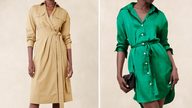 Women Wearing Wearing Banana Republic Factory Poplin Midi Shirtdress and Satin Mini Shirtdress