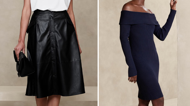 Women Wearing Banana Republic Factory Vegan Leather Midi Skirt and Off Shoulder Mini Sweater Dress