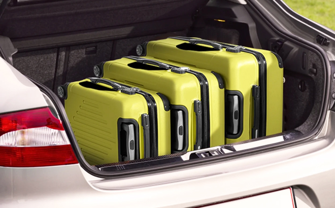 Zimtown Hardside 3 Piece Luggage Set in Butter Yellow Color in the Car Trunk