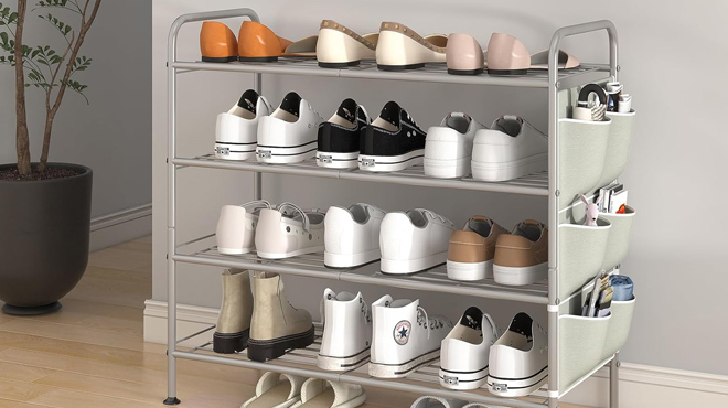 4 Tier Shoe Rack with Pockets Grey