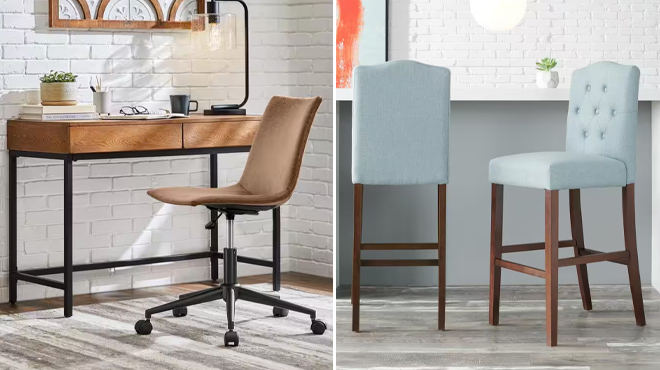 8 Writing Desk and Upholstered Bar Stools