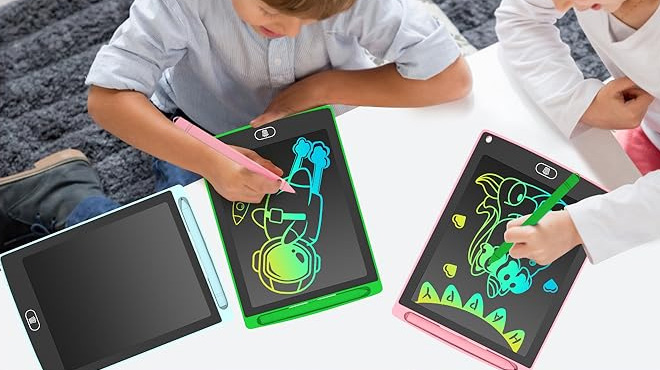 A Boy and a Girl Drawing on LCD Writing Tablets