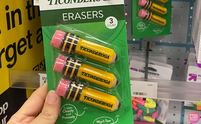 A Hand holding Ticonderoga 3 Count Erasers