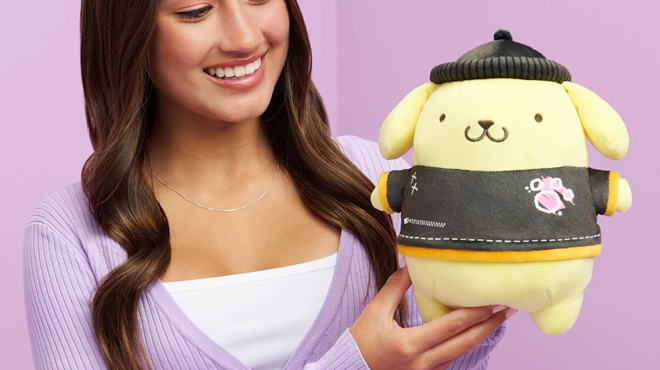 A Lady Holding a Hello Kitty Pompompurin 8 inch Plush