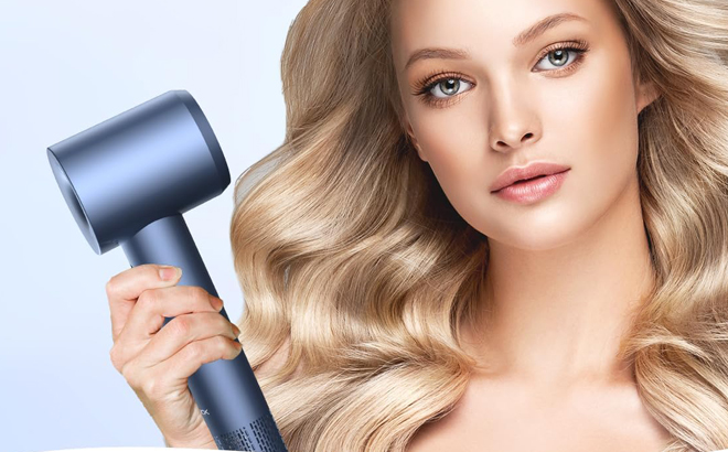 A Person Blowing Her Hair Dry Using Lampick High Speed Hair Dryer