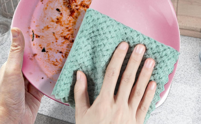 A Person Cleaning a Plate Using a Microfiber Kitchen Towel