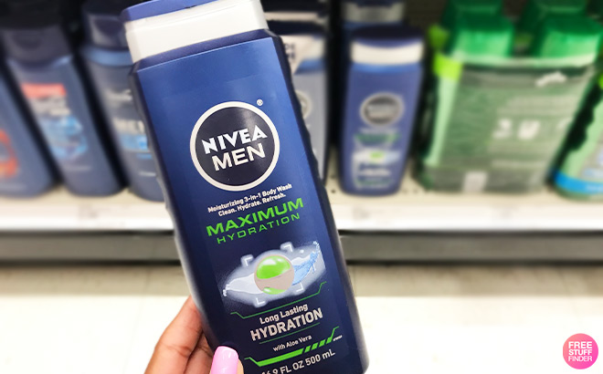 A Person Holding Nivea Mens Maximum Hydration Body Wash