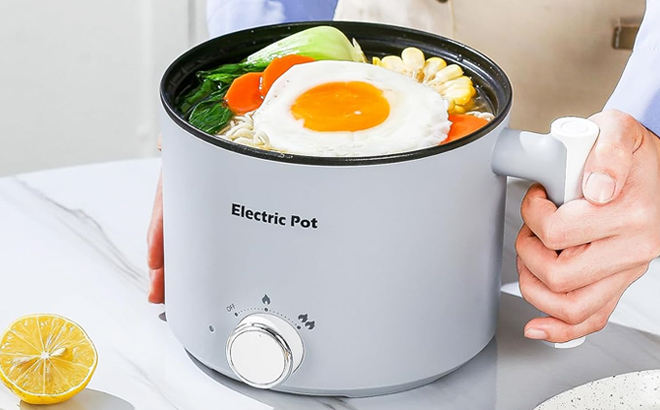 A Person Holding Portable Electric Hot Pot 1 5 Liter Grey Color