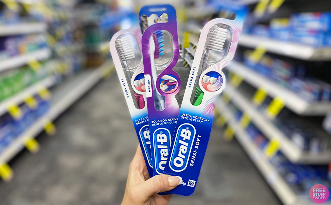 A Person Holding Three Oral B Manual Toothbrush