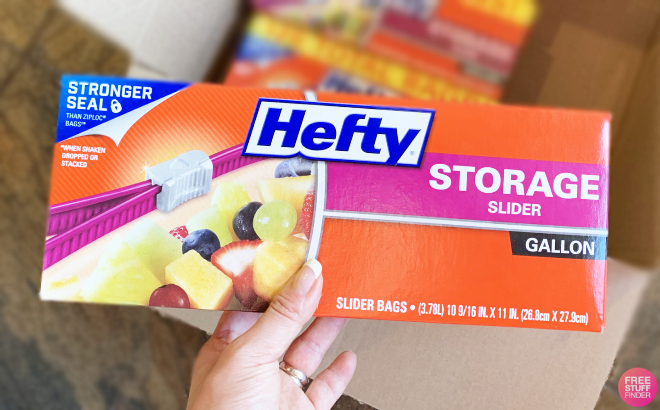 A Person Holding a Box of Hefty Slider Gallon Storage Bags