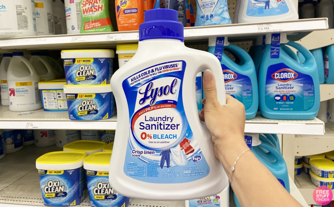 A Person Holding a Lysol Crisp Linen Scented Laundry Sanitizer