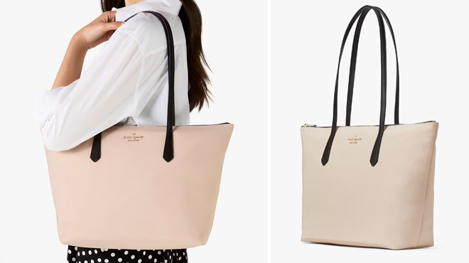 A Person Using Kate Spade Kitt Colorblock Large Tote in Warm Beige