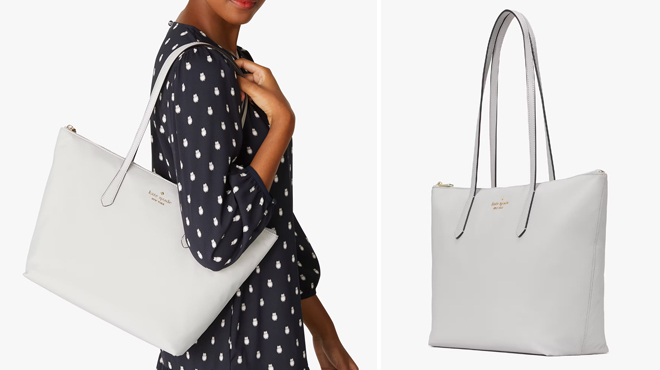 A Person Using Kate Spade Kitt Large Tote in Platinum Grey