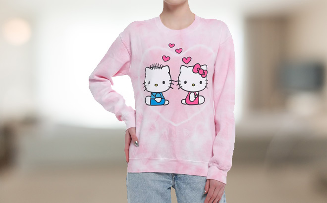 A Person Wearing Hello Kitty Dear Daniel Hearts Tie Dye Girls Sweatshirt