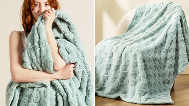 A Woman Hugging Bedsure Sage Green Fleece Blanket