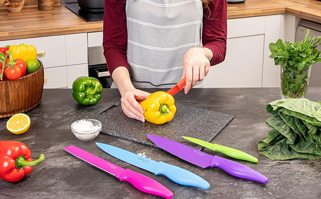 A Woman Using the Nuovva 5 Piece Kitchen Knife Set