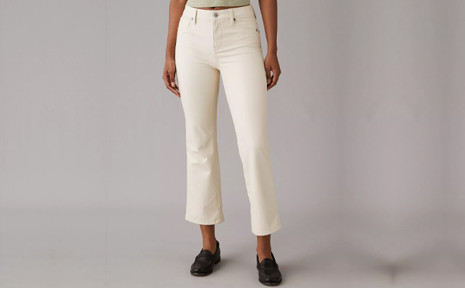 A Woman Wearing American Eagle High Waisted Vegan Leather Kick Bootcut Crop Pant