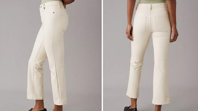 A Woman Wearing American Eagle High Waisted Vegan Leather Kick Bootcut Crop Pants