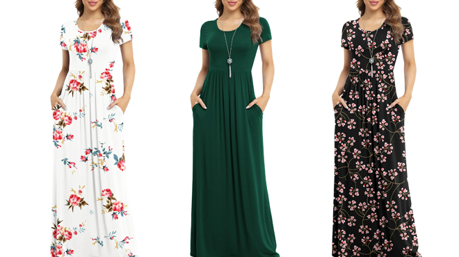 A Woman Wearing Asklazy Short Sleeve Maxi Dress in Three Different Colors