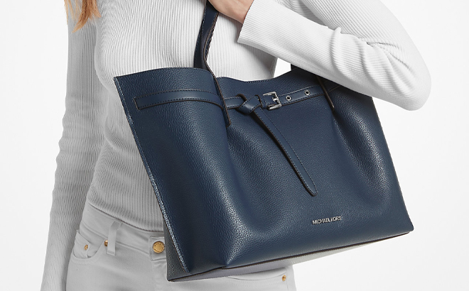 A Woman Wearing Michael Kors Emilia Large Pebbled Leather Tote Bag