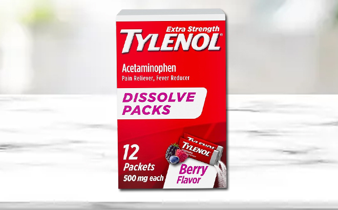 A box of Tylenol Extra Strength Dissolve Packets on a Table