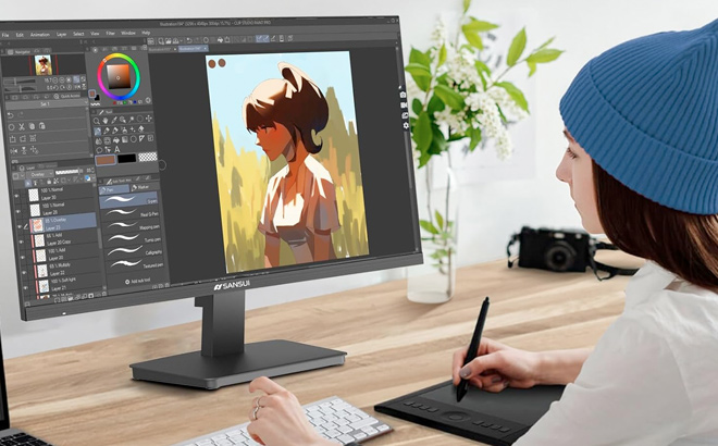 A girl painting on a pen tablet in front of a monitor screen