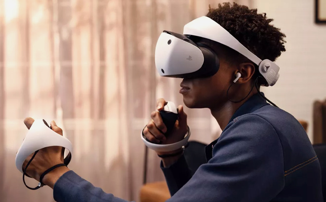 A lady with Sony PlayStation VR2 Headset