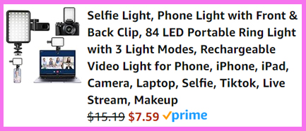 A scree shot of the checkout page for Notixas Selfie Light