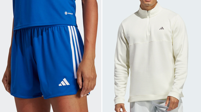 Adidas Womens Tiro 23 League Shorts and Adidas Mens Ultimate365 Textured Quarter Zip Top