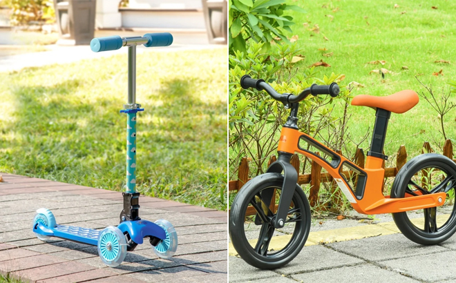 Aosom Kick Scooter for Kids Foldable Childrens Scooter with 3 Wheels and Qaba 12 Inch Kids Balance Bike Adjustable No Pedal Bicycle