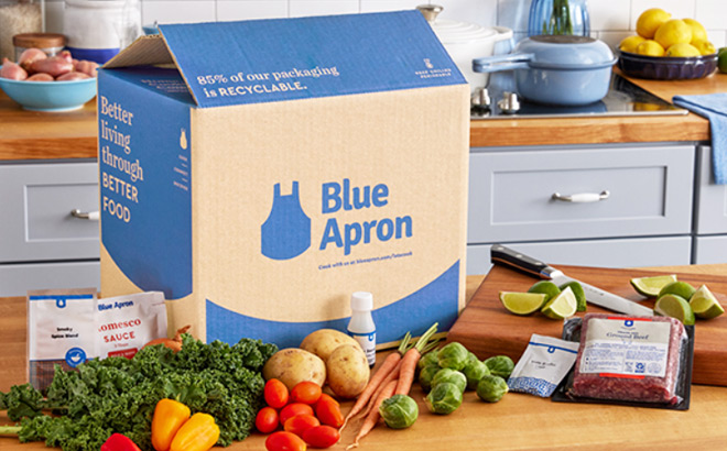 Blue Apron Box on a Kitchen Countertop