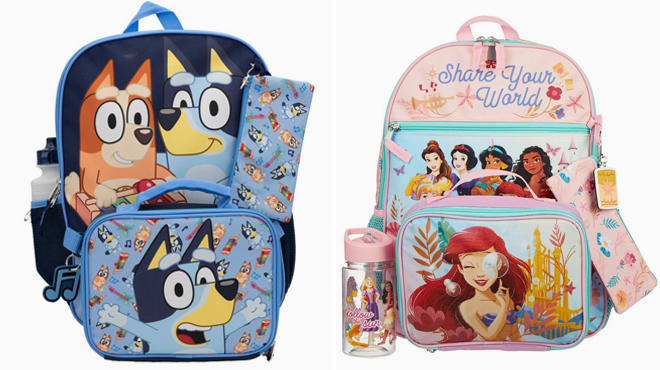 Bluey 5 Piece 16 Inch Kids Backpack Set with Lunch Bag and Disney Princess 5 Piece 16 Inch Kids Backpack Set with Lunch Bag