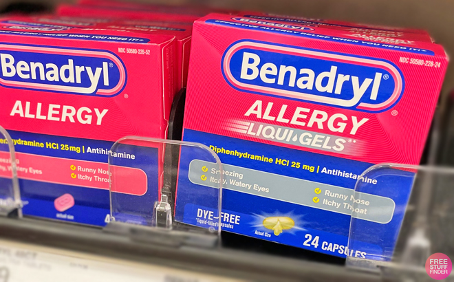 Boxes of Benadryl Allergy Capsules on a Shelf