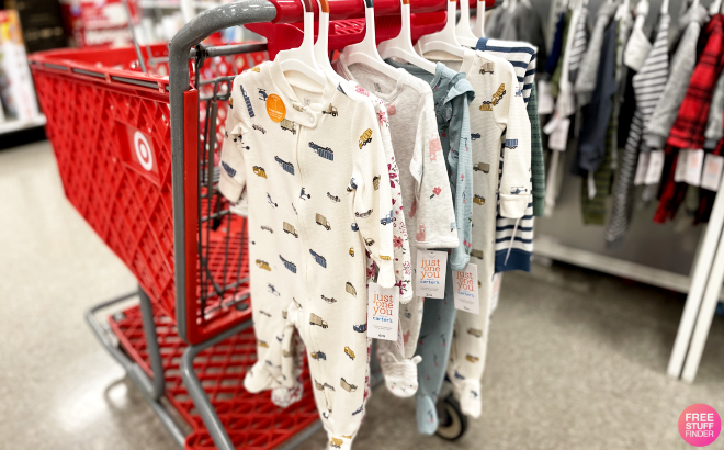 Carters Sleep N Play Baby Bodysuits Hung on Cart