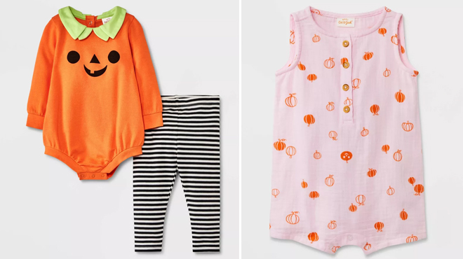 Cat Jack Baby Pumpkin Face Romper Leggings Set and Cat Jack Halloween Gauze Pumpkin Romper