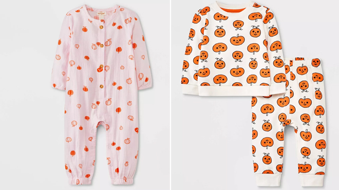 Cat Jack Gauze Pumpkin Loong Sleeve Romper and Cat Jack Pumpkin Jogger Pants Set